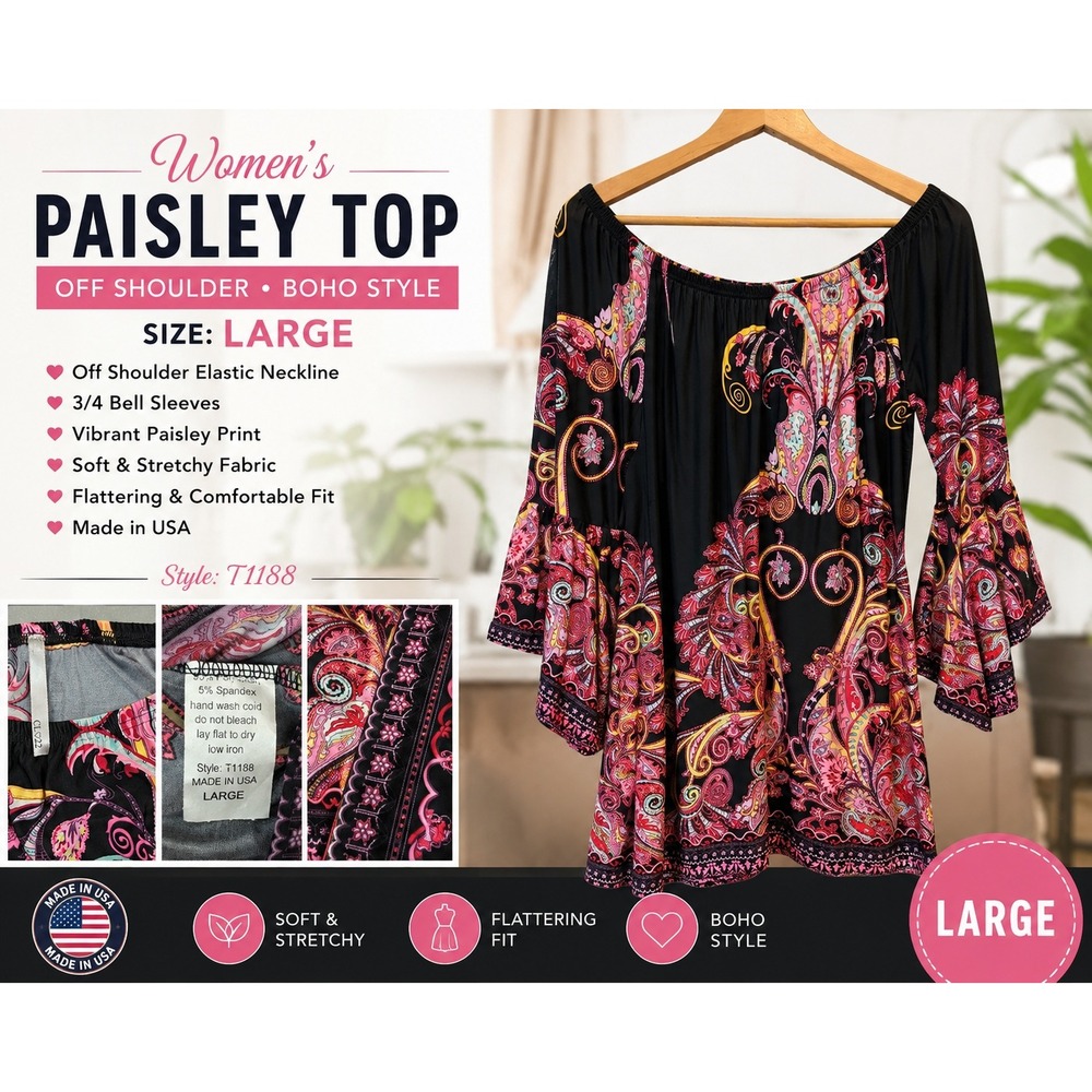 CL022 Women Paisley Top Off Shoulder 3/4 Bell Sleeve Boho Blouse Black‎ Pink